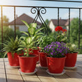 GoHooked 6-pack of 8-inch red plastic planters with trays, suitable for indoor/outdoor gardening.