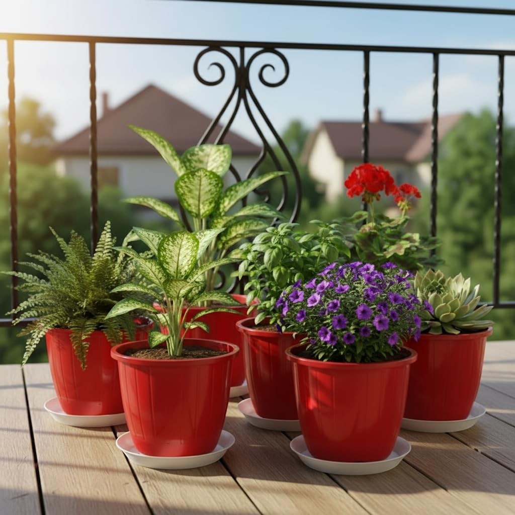 GoHooked 6-pack of 8-inch red plastic planters with trays, suitable for indoor/outdoor gardening.
