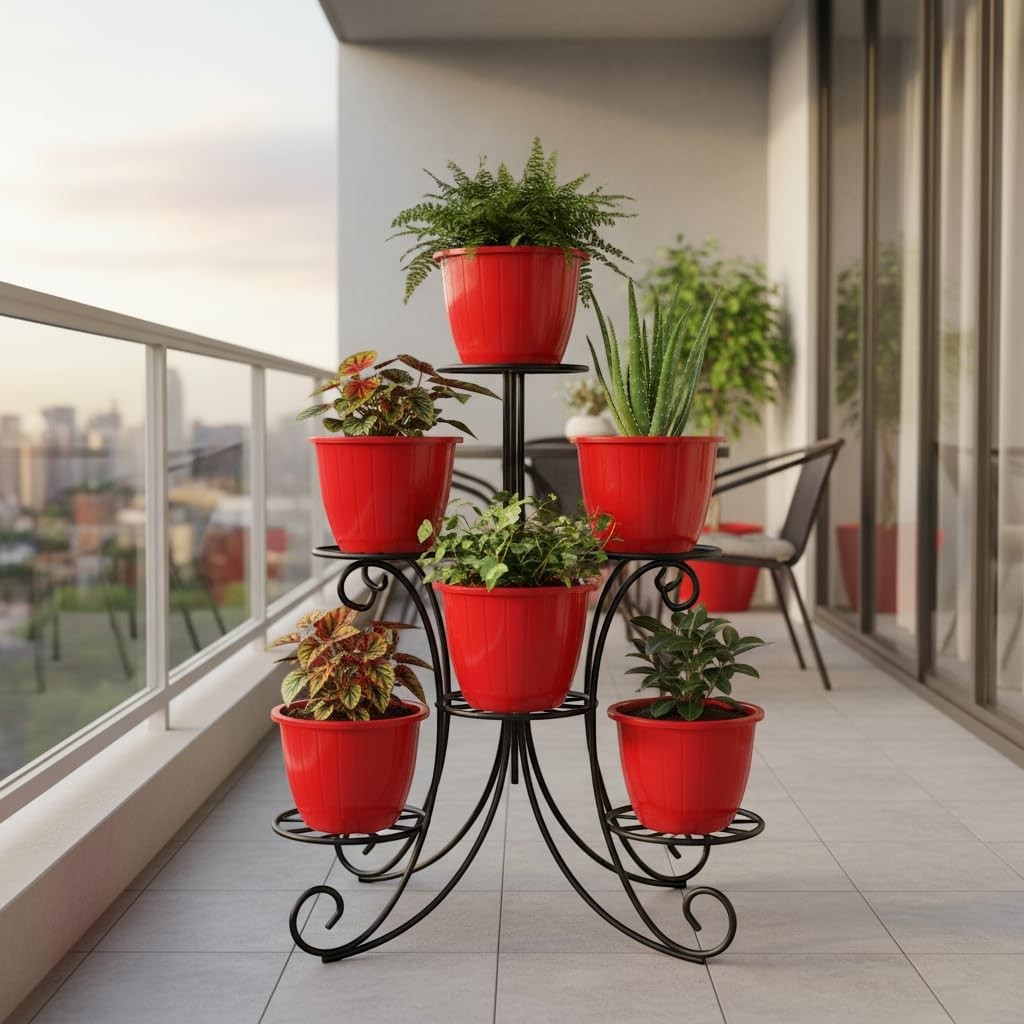 Go Hooked 6-pack of 10-inch red plastic planters on a black metal tiered stand on a balcony.