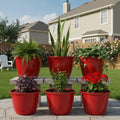 Go Hooked 10-inch red plastic planters, set of 6, with fluted design for indoor/outdoor gardening.