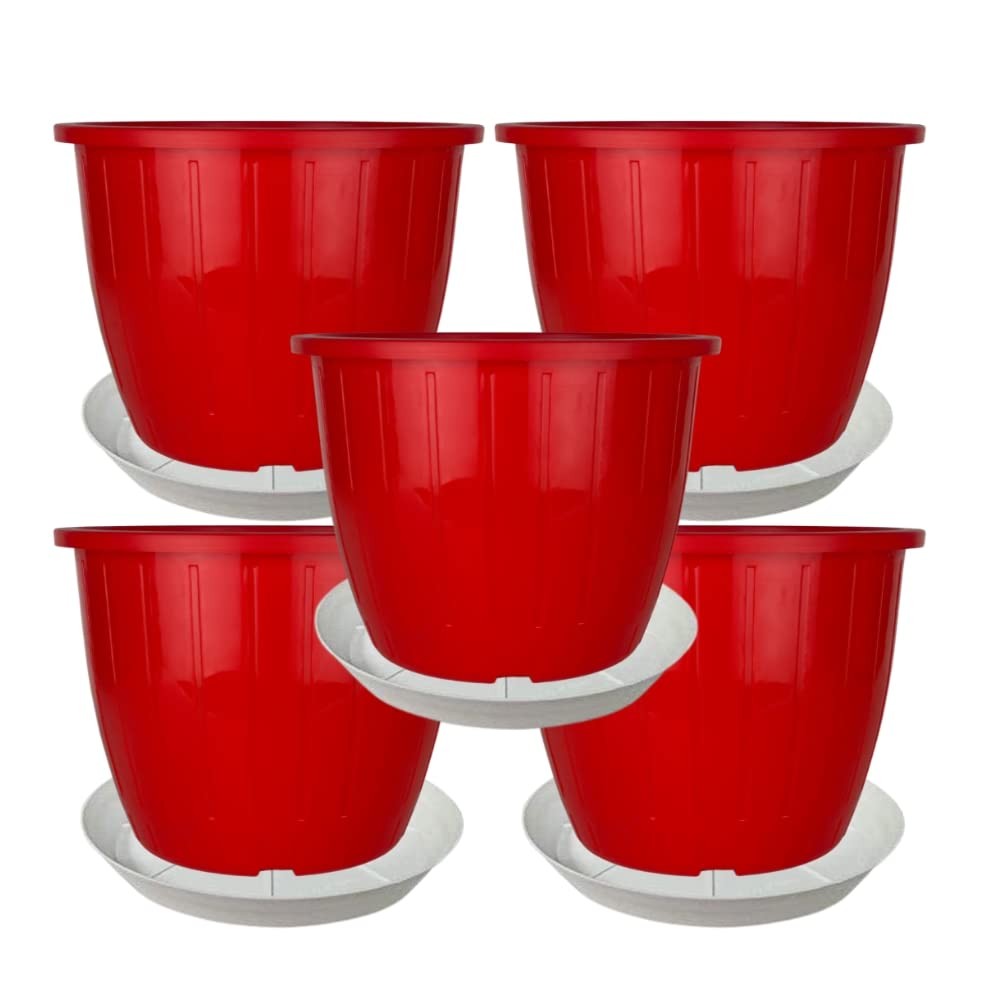 GoHooked 5 pack of 8-inch red plastic planters with white trays. Durable, UV-stabilized, BPA-free polypropylene for indoor/outdoor gardening.