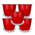 GoHooked 5 pack of 8-inch red plastic planters with white trays. Durable, UV-stabilized, BPA-free polypropylene for indoor/outdoor gardening.