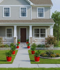 GoHooked red plastic planters with plants line a walkway to a house. Pack of 8, 8-inch pots with trays.