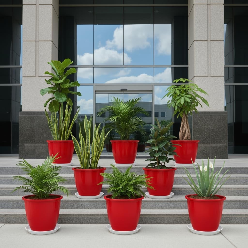 GoHooked 8-inch red plastic planters with trays, set of 8, for indoor/outdoor gardening.