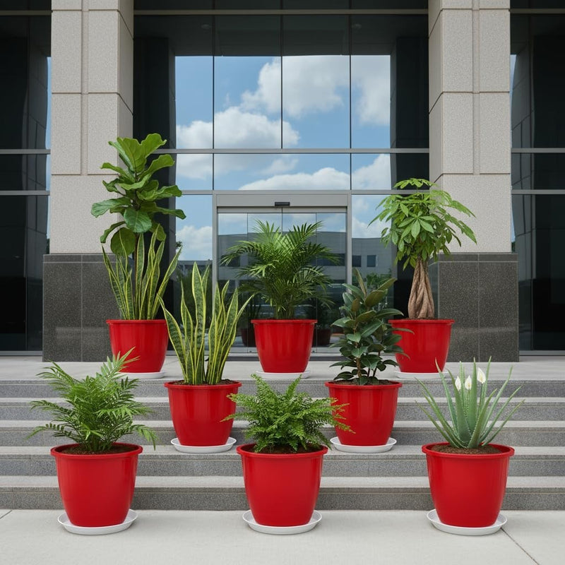 GoHooked 8-inch red plastic planters with trays, set of 8, for indoor/outdoor gardening.