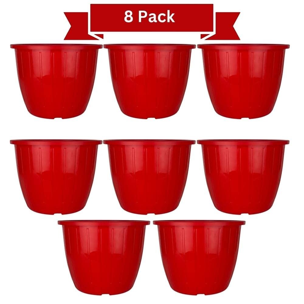 Go Hooked 8 pack of 10-inch red plastic planters with a sleek, modern design for indoor/outdoor gardening.