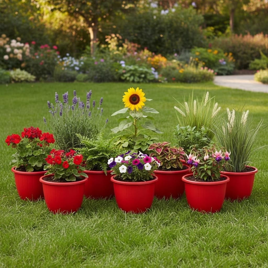 GoHooked red 10-inch plastic planters filled with various flowers and plants on a lawn.