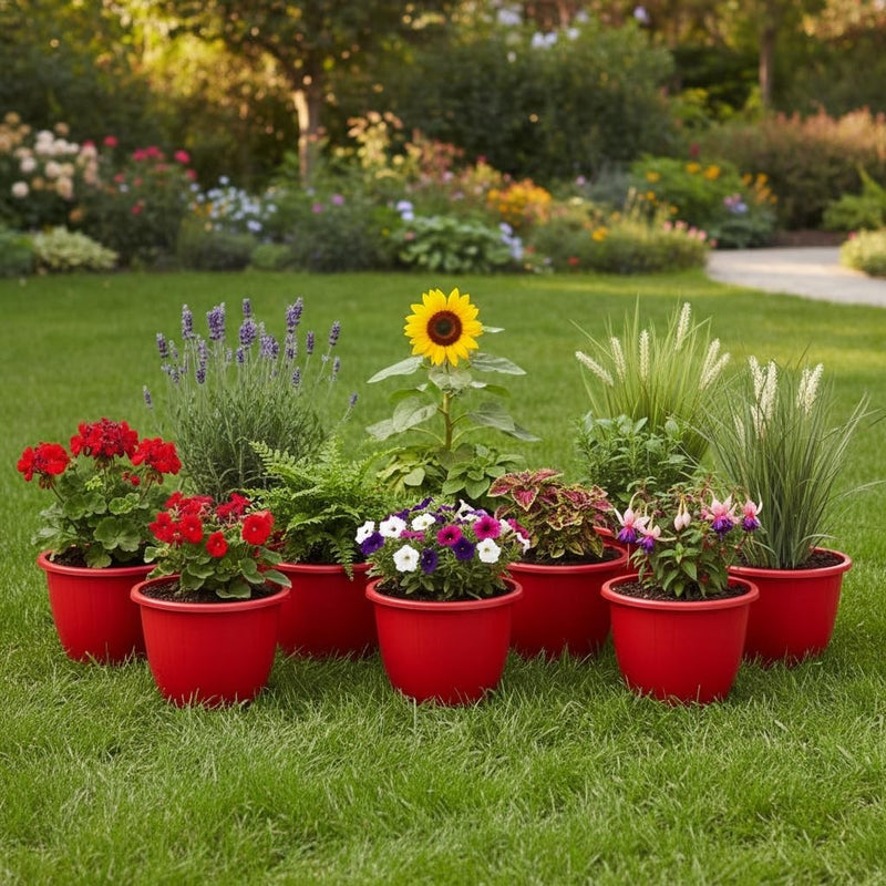 GoHooked red 10-inch plastic planters filled with various flowers and plants on a lawn.