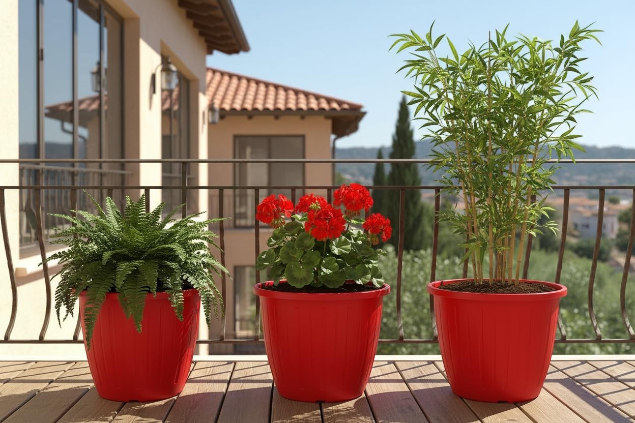 GoHooked pack of 3 red plastic planters with ribbed design, perfect for indoor/outdoor gardening.