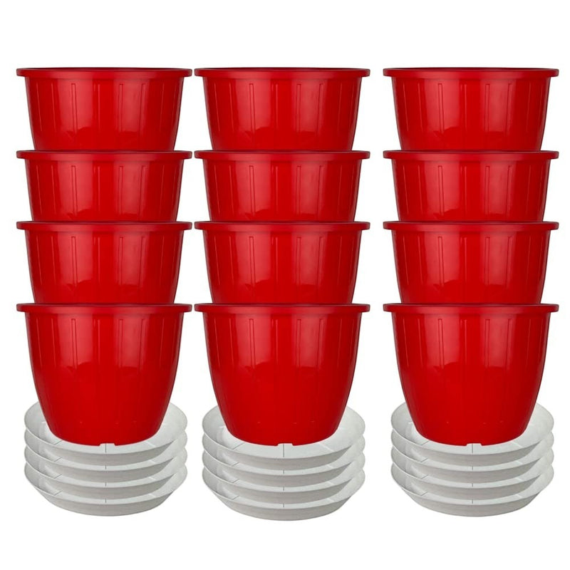 GoHooked pack of 4 red 8-inch plastic planters with drainage holes and matching saucers. Lightweight and durable for indoor/outdoor use.