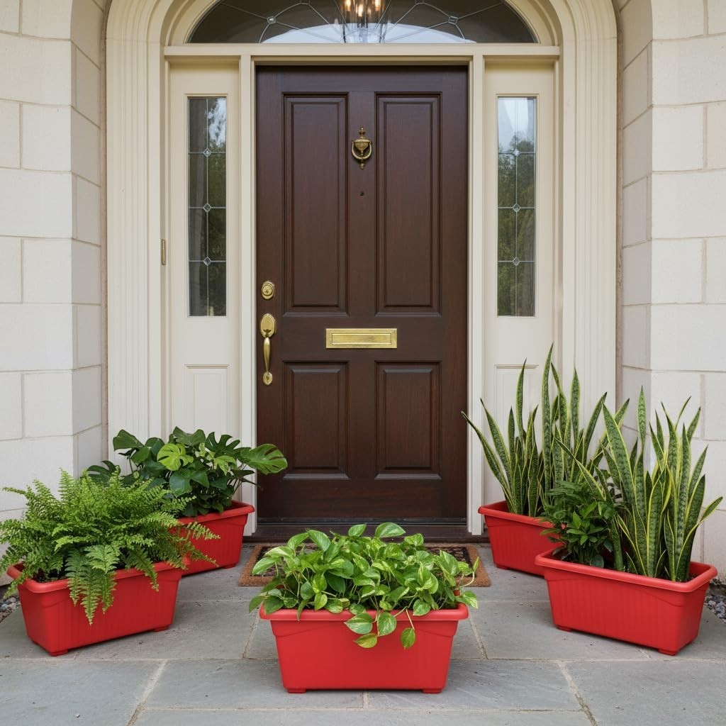 GoHooked Set of 5 red rectangular plastic planters with rust-resistant feature, ideal for home or garden.