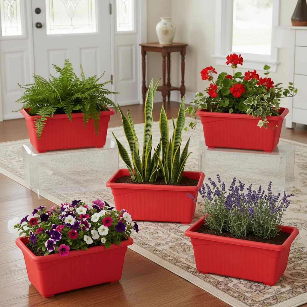 GoHooked set of 5 red rectangular plastic planters with fluted sides, holding various plants like ferns, snake plants, geraniums, petunias, and lavender.