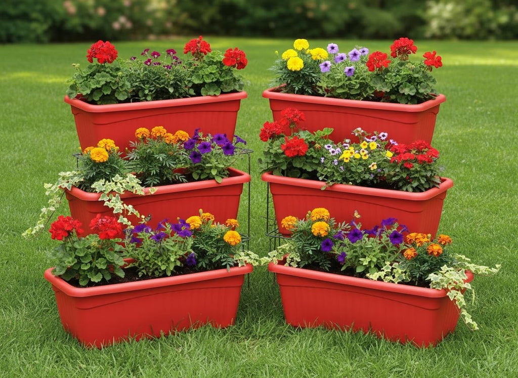 Go Hooked set of 6 red rectangular plastic planters filled with red, yellow, and purple flowers on a green lawn.