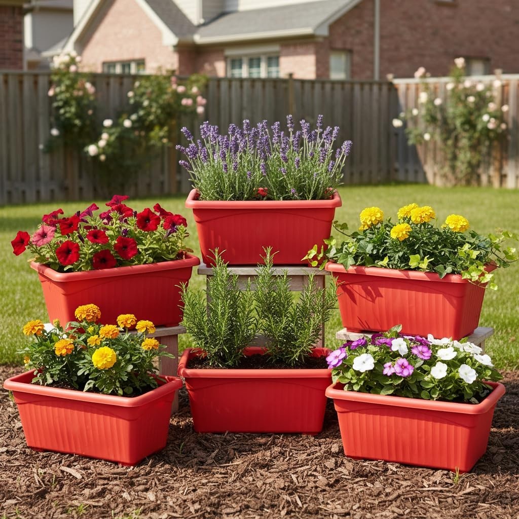 GoHooked Set of 6 red rectangular plastic planters with petunias, lavender, marigolds, and rosemary.