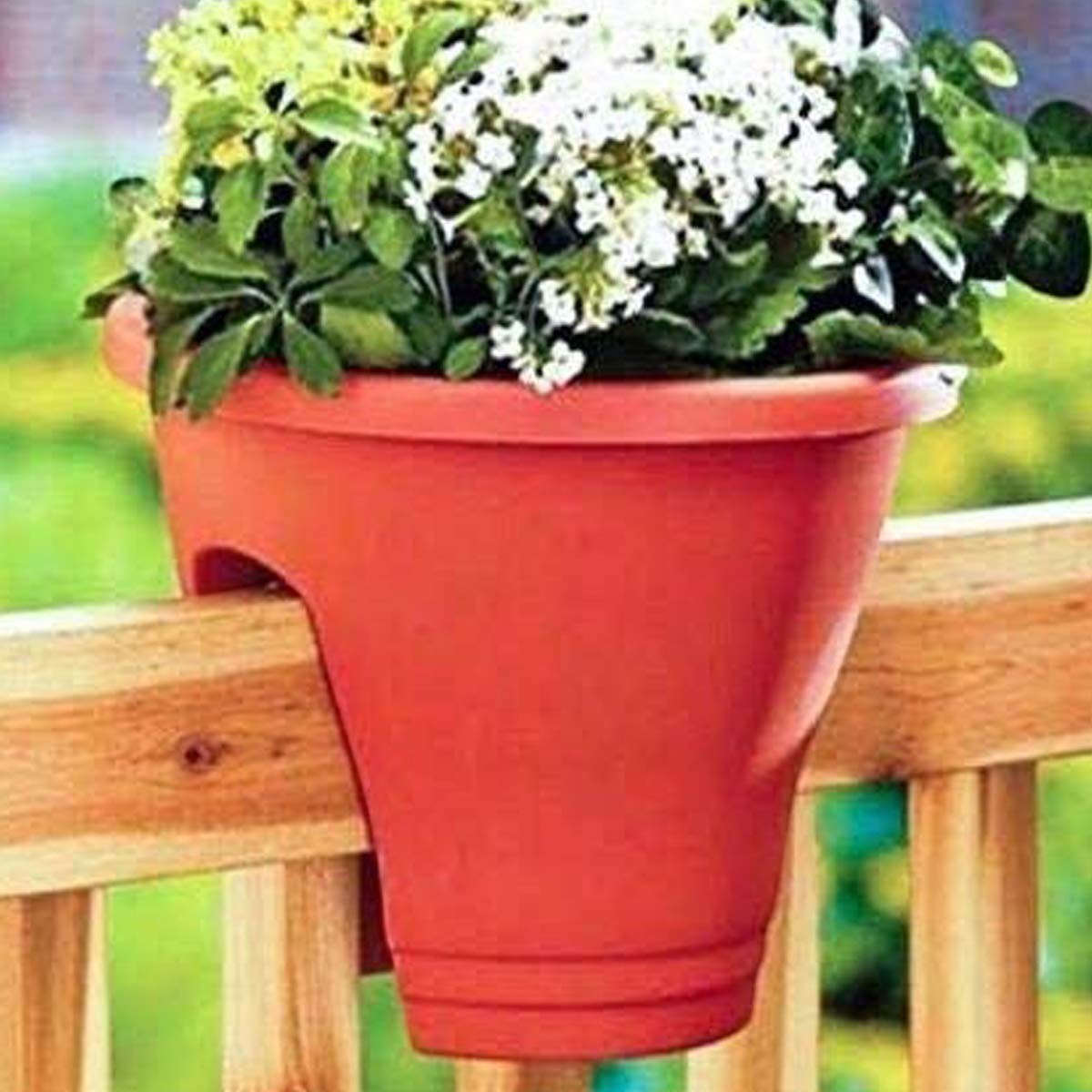 GoHooked red plastic railing flower pot with white and yellow flowers, 12 inch diameter
