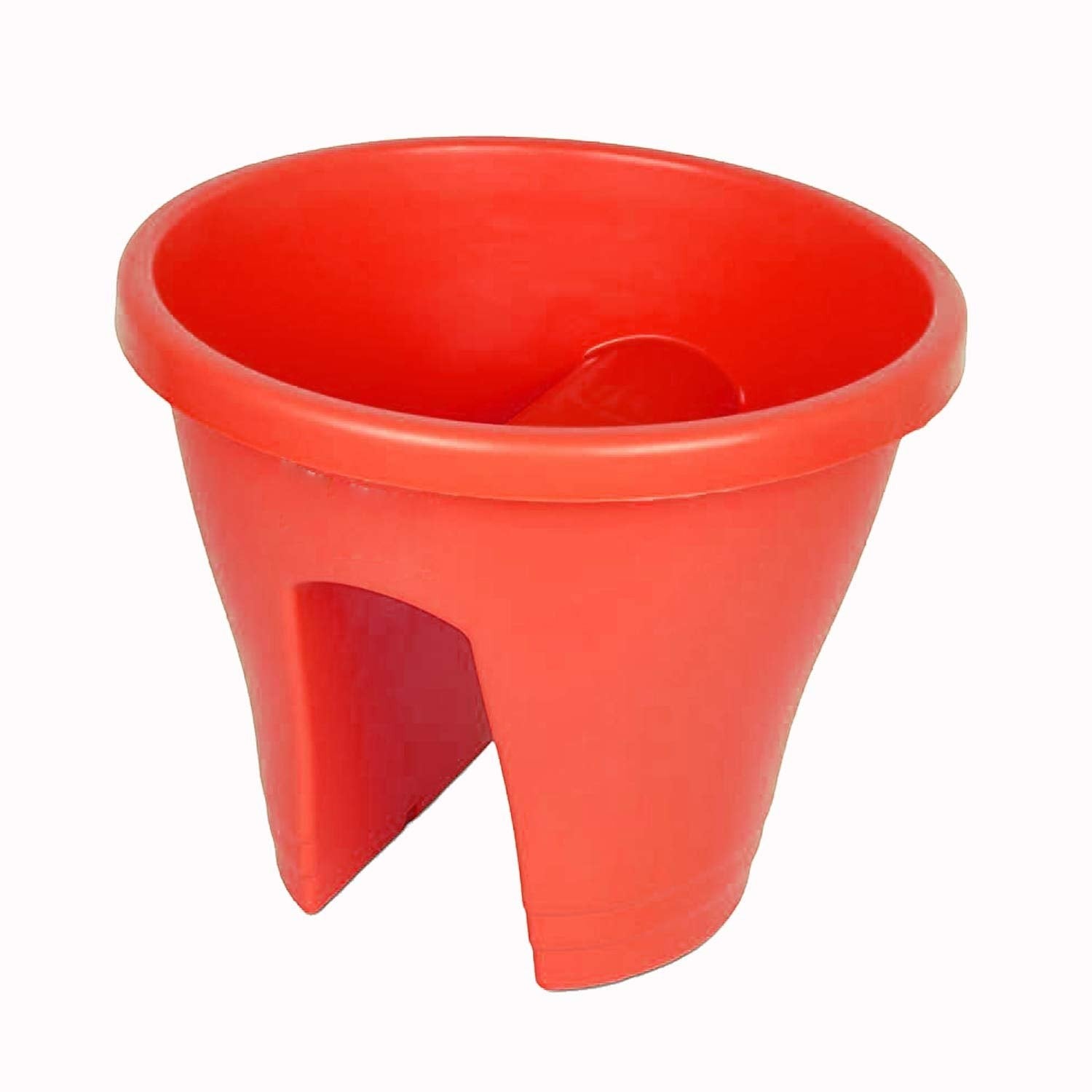 GoHooked red plastic railing flower pot, 12 inch, durable and easy to clean, classic style for balconies.