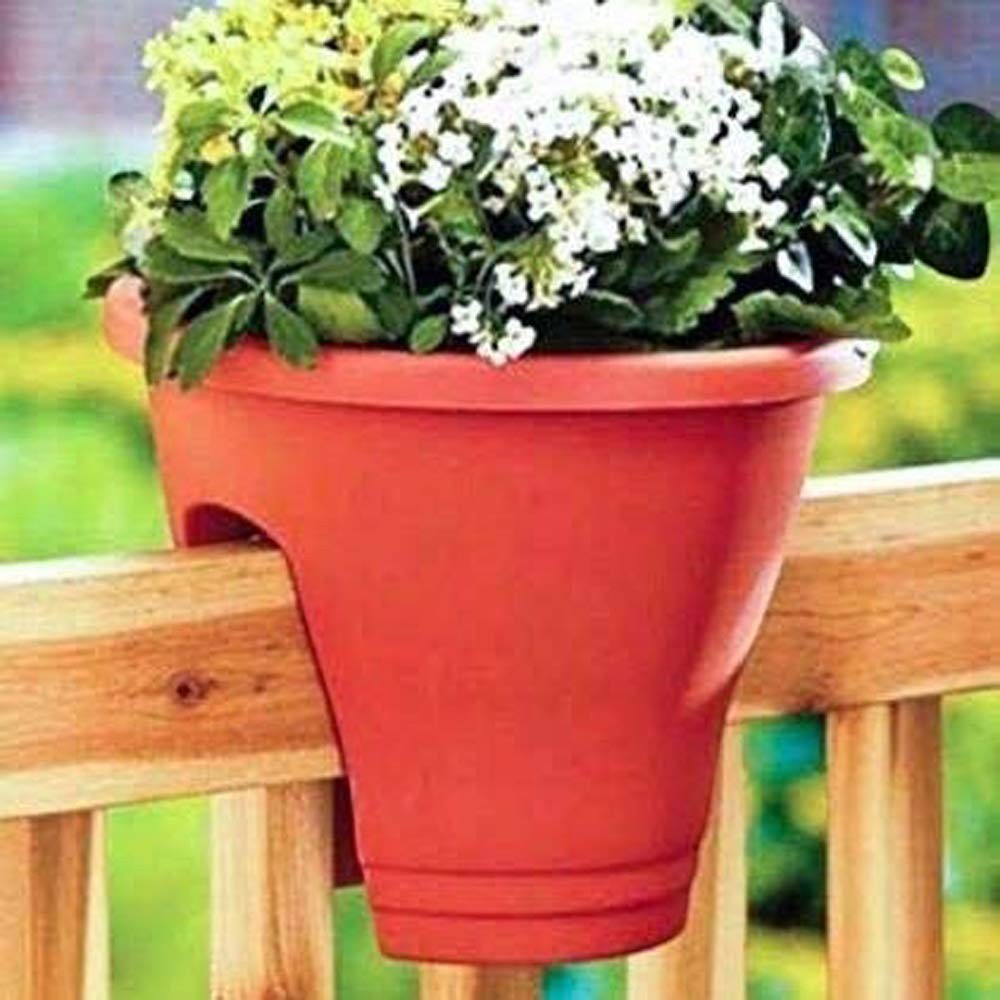 GoHooked 12-inch red plastic railing planter with white and yellow flowers, perfect for balconies.