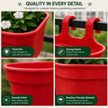 GoHooked red plastic rectangular railing hanging planter pot with strong dual hooks, 12 inch size, set of 10.