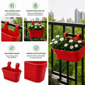 GoHooked red rectangular plastic railing hanging planter pot with dual hooks, set of 10. Ideal for balcony and garden decor.