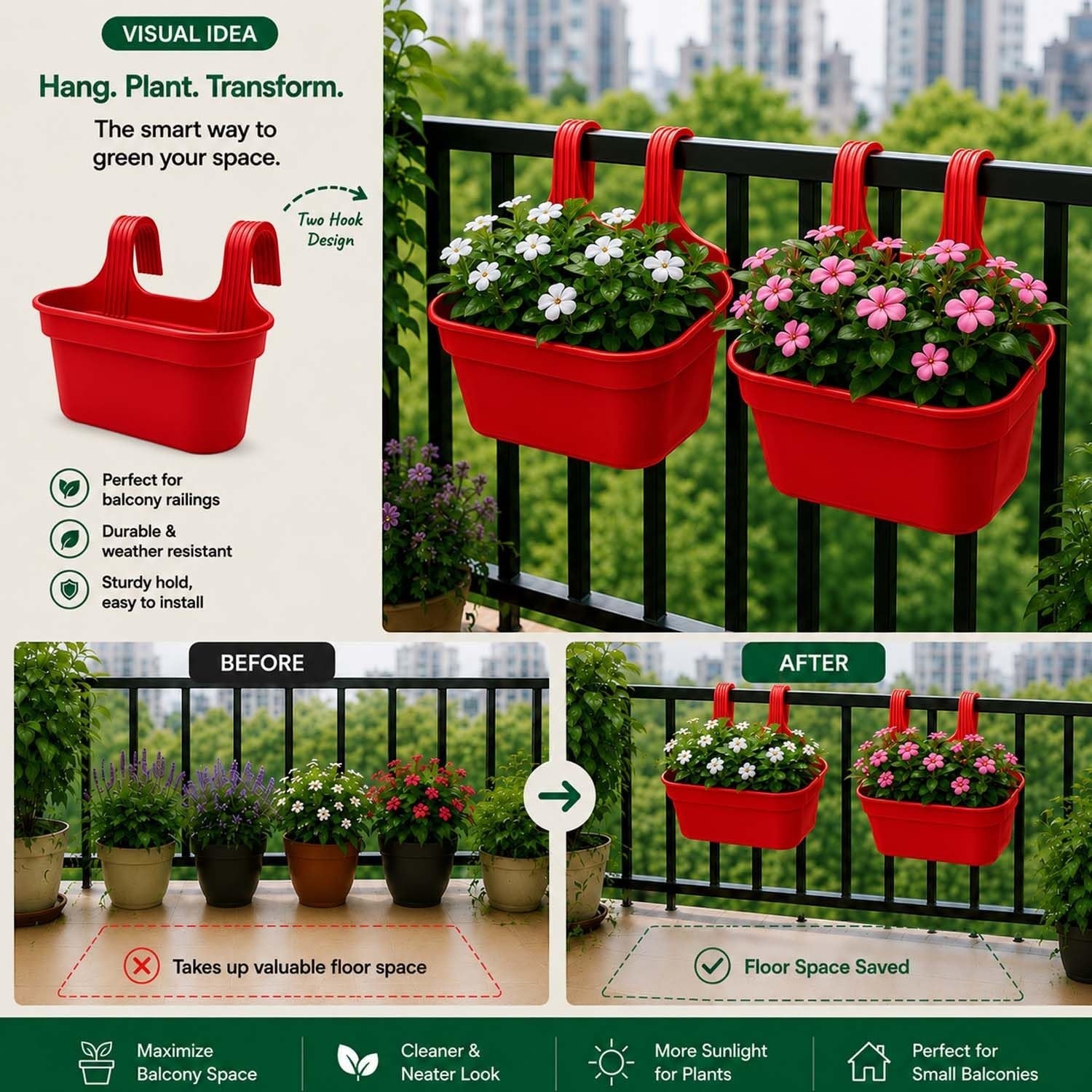 GoHooked red plastic rectangular railing hanging planter pot with double hook, perfect for balcony and garden decor.