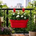 GoHooked red plastic railing hanging planter pot with white flowers, 12 inch rectangular design with double hooks.