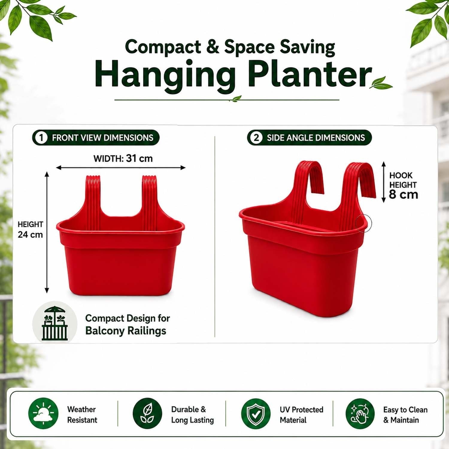 GoHooked red plastic rectangular hanging planter pot with double hook for balcony railings, 12 inch size.