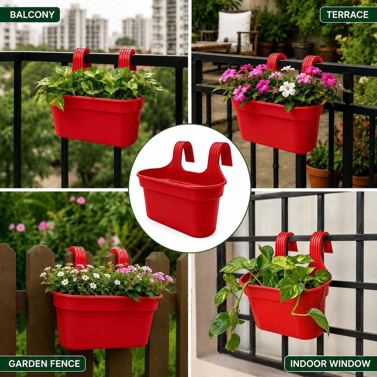 GoHooked red plastic railing hanging planter pot with double hooks, 12 inch rectangular design for balcony, fence, or indoor window.