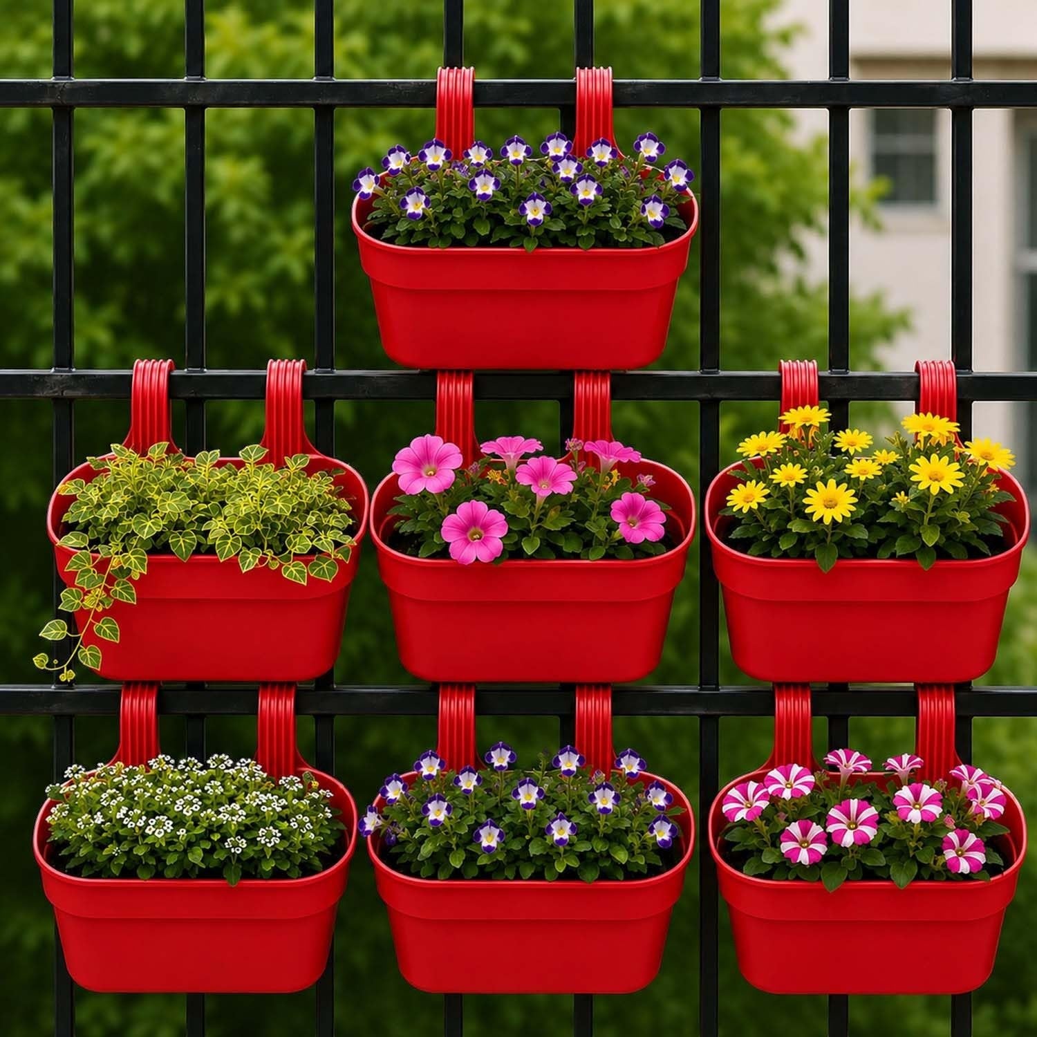GoHooked red plastic railing hanging planter pots with double hooks, holding various flowers like petunias and daisies.