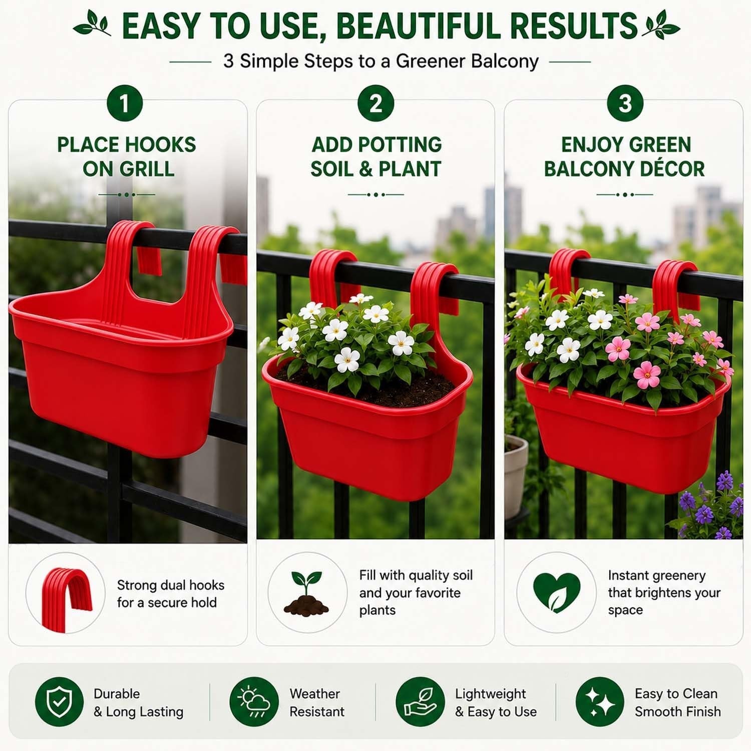 GoHooked red plastic railing hanging planter pot with dual hooks, rectangular shape, set of 3.