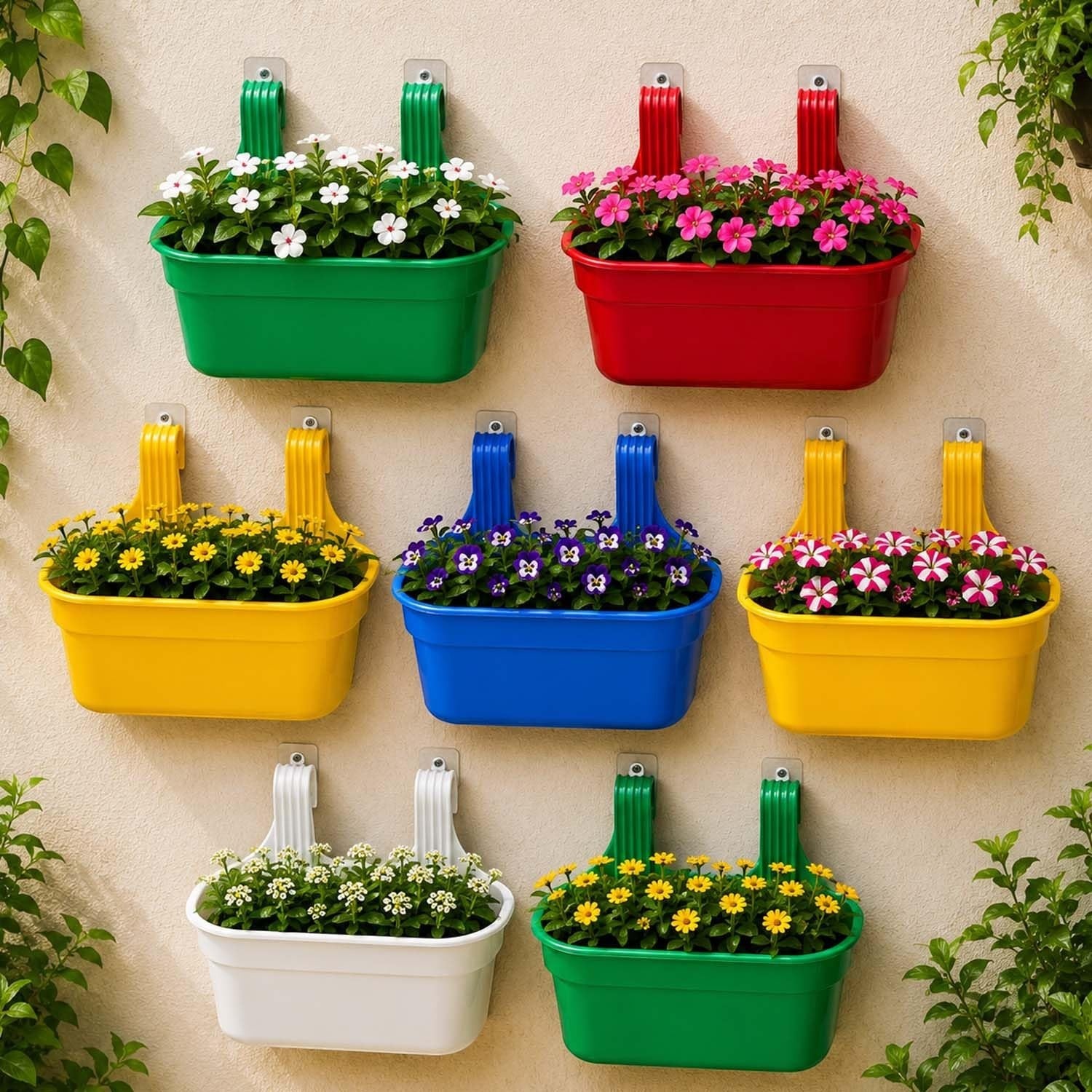 GoHooked set of 5 red rectangular plastic railing hanging planters filled with flowers, designed for balconies and fences.