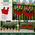 GoHooked red plastic railing hanging planter pots with double hooks, set of 7. Rectangular, durable, and weather-resistant.
