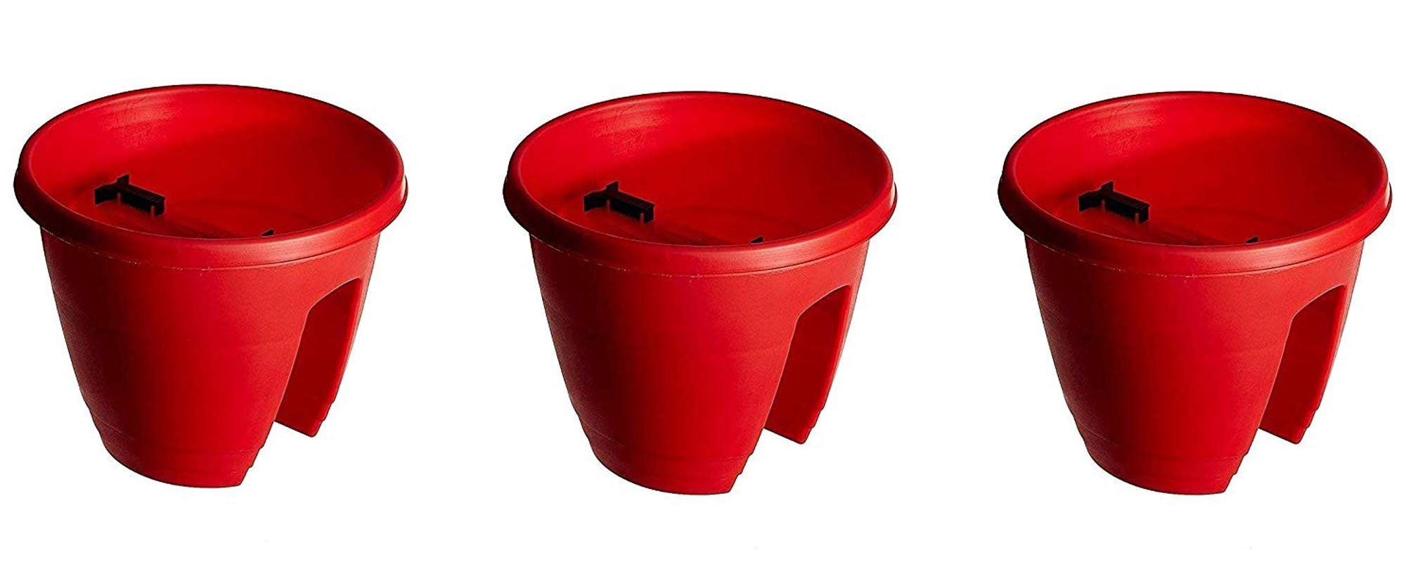 GoHooked red plastic 12-inch railing planters, set of 3, perfect for balconies and herbs.