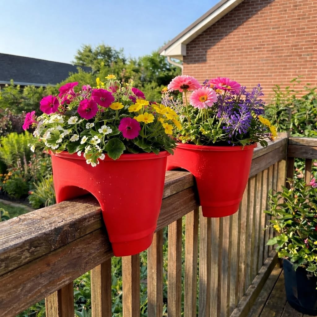 GoHooked red plastic railing planters filled with colorful flowers on a wooden deck railing.