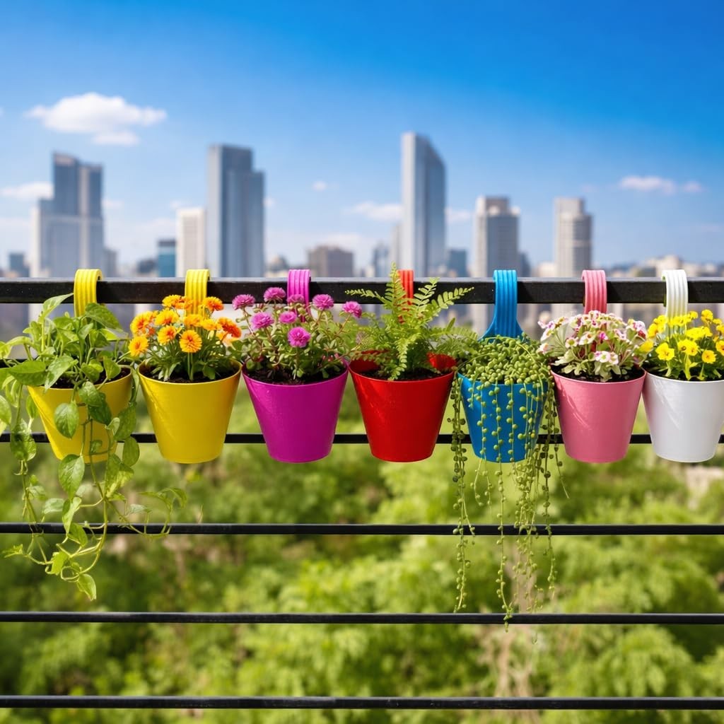 GoHooked set of 5 red plastic railing hanging planters with double hooks, holding various flowers and plants on a balcony.