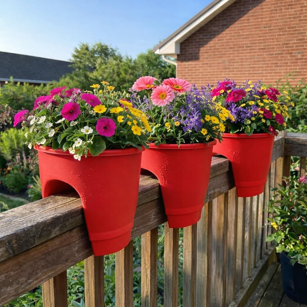 GoHooked red plastic railing planters filled with colorful flowers like pink gerbera daisies, purple petunias, and yellow daisies.