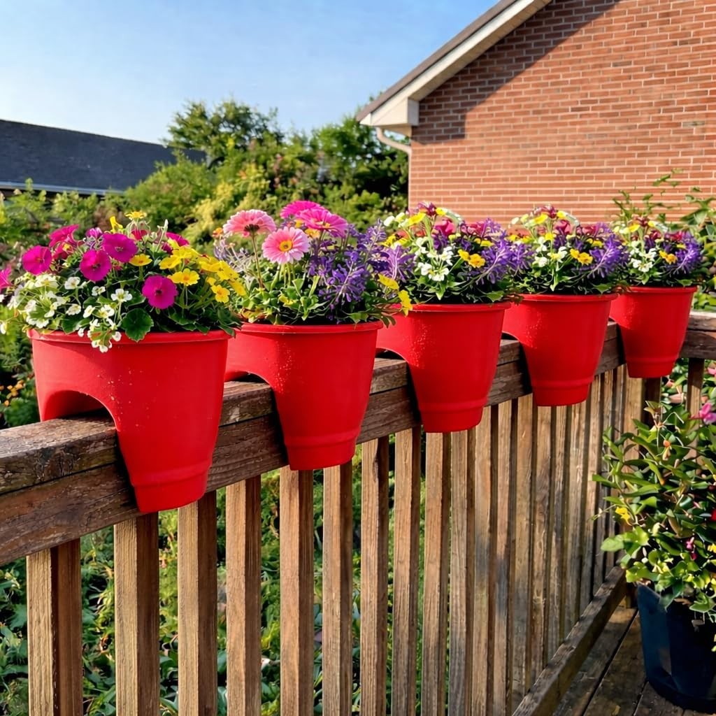 Go Hooked red plastic railing planters filled with colorful flowers on a wooden deck.