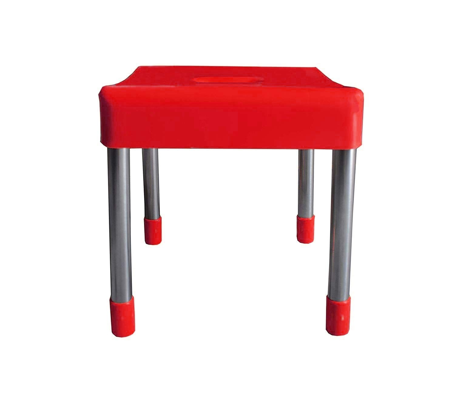 Go Hooked red plastic and steel multipurpose stool with anti-skid feet. Ideal for kitchen or bathroom.