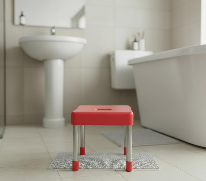 Go Hooked red plastic and steel multipurpose stool with a handle cutout, ideal for kitchen or bathroom.