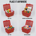 Go Hooked red plastic picnic storage basket with lid, handle, and snap lock, shown filled with toys, art supplies, and essentials.