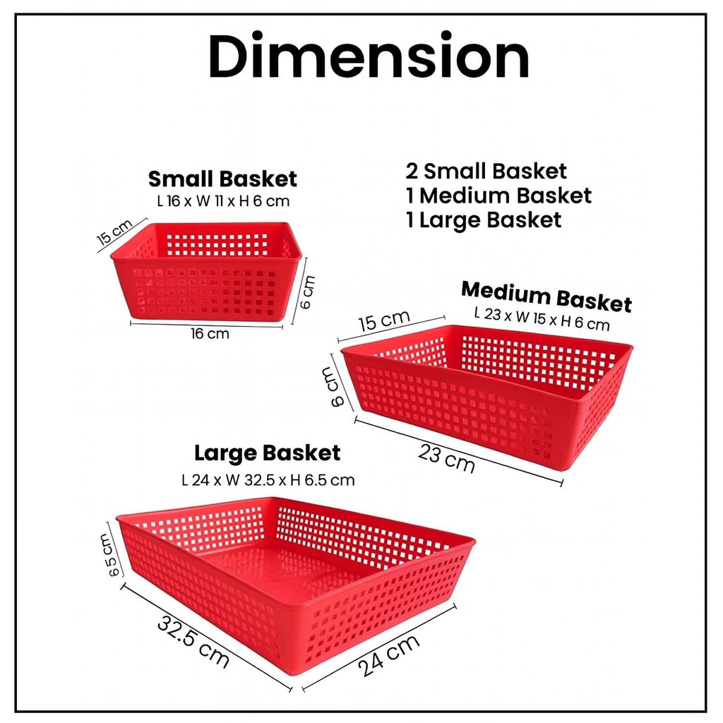 GoHooked 4-piece red plastic storage basket set with ventilated grid design and dimensions for home organization.