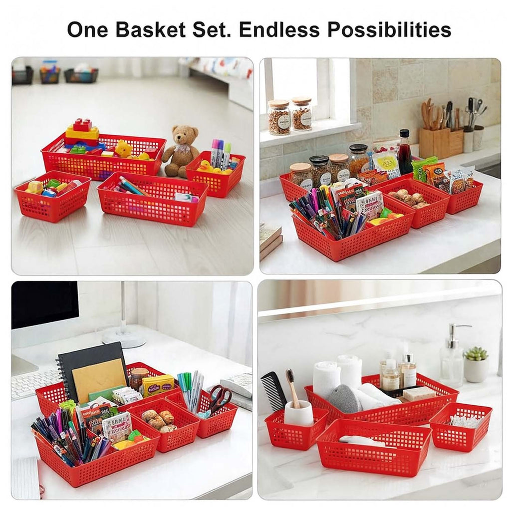 GoHooked 4-piece red plastic storage basket set with ventilated grid design for organizing home and office supplies.