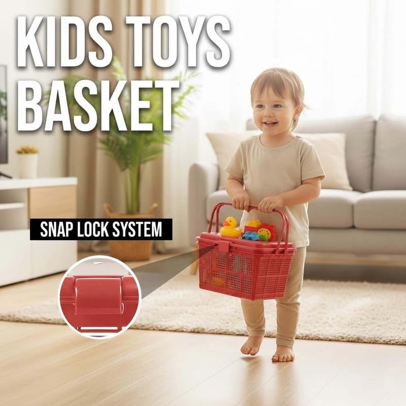 GoHooked red plastic kids picnic storage basket with snap lock lid and handle, holding toys.