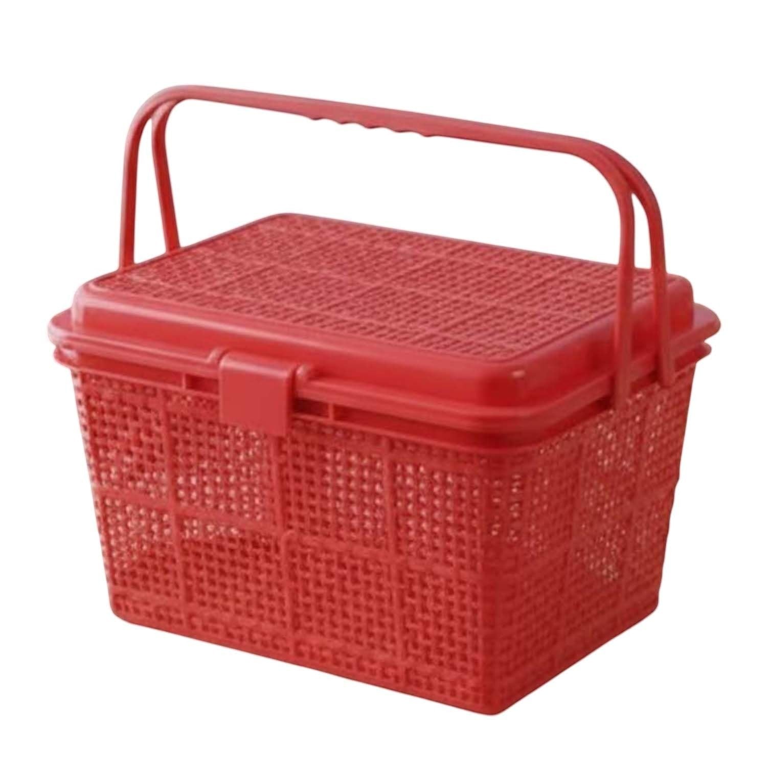 GoHooked red plastic picnic storage basket with lid and handle, perfect for toys, diapers, and essentials.