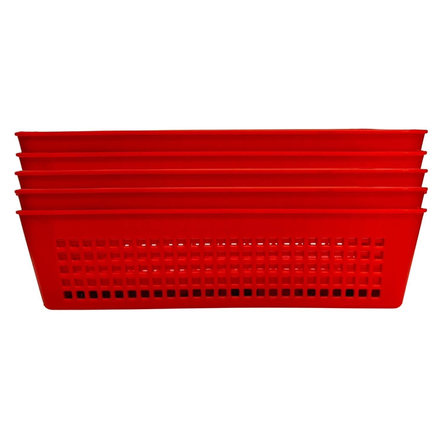 Go Hooked set of 5 red plastic storage baskets with perforated sides and integrated handles.