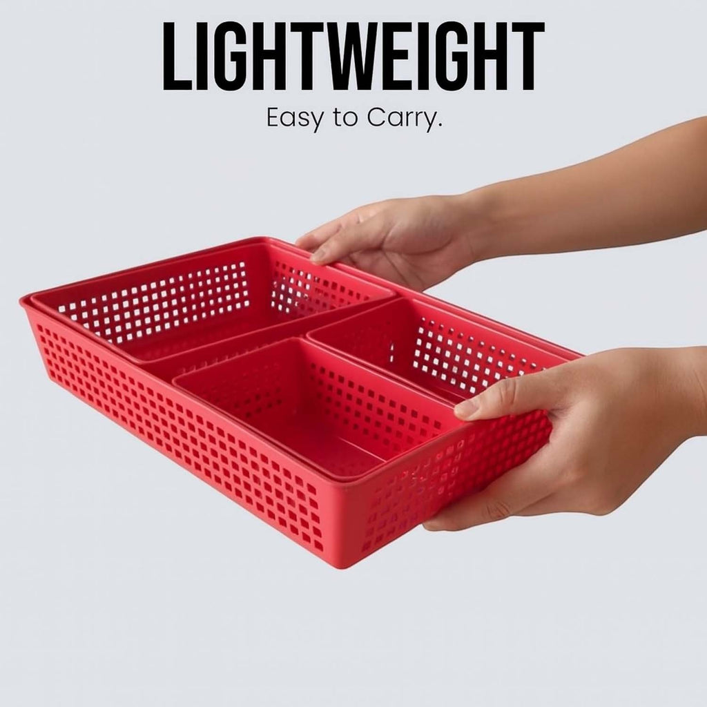 GoHooked red plastic storage baskets with a ventilated grid design held by hands for easy organization.
