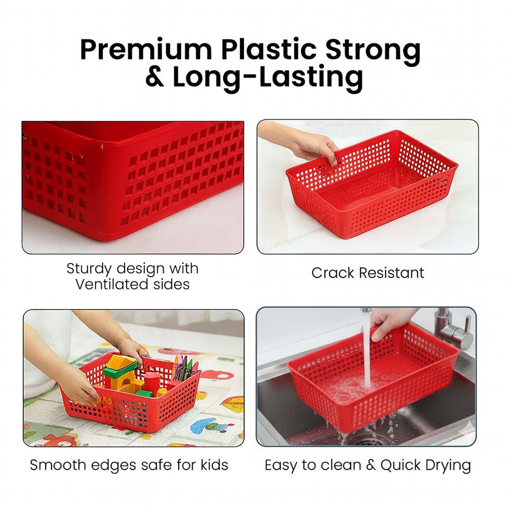 GoHooked red plastic storage baskets with ventilated grid design for home organization and easy cleaning.