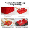 GoHooked red plastic storage baskets with ventilated grid design for home organization and easy cleaning.