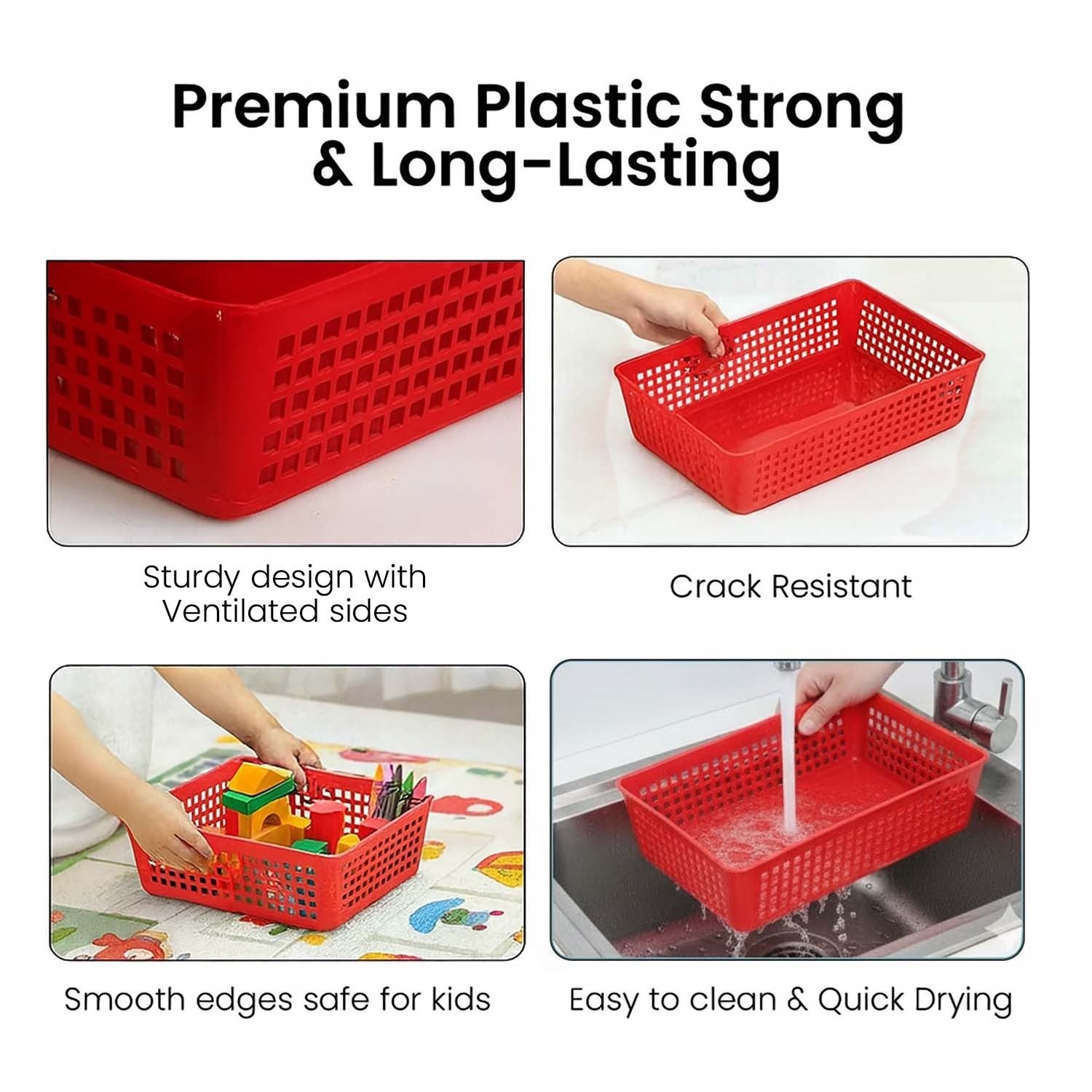 GoHooked red plastic storage baskets with ventilated grid design for home organization and easy cleaning.