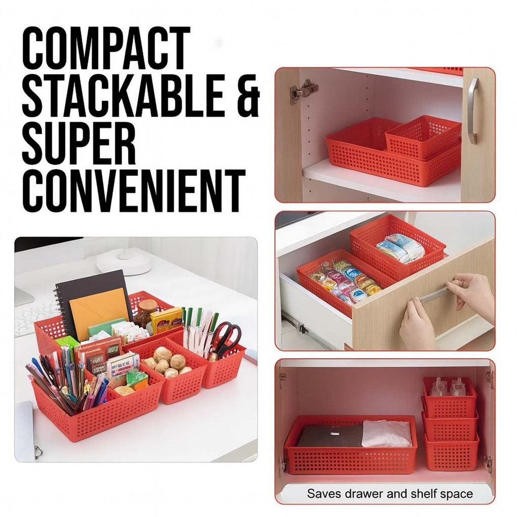 GoHooked 4-piece red plastic storage basket set organized in drawers and on shelves for home and office storage
