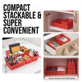 GoHooked 4-piece red plastic storage basket set organized in drawers and on shelves for home and office storage
